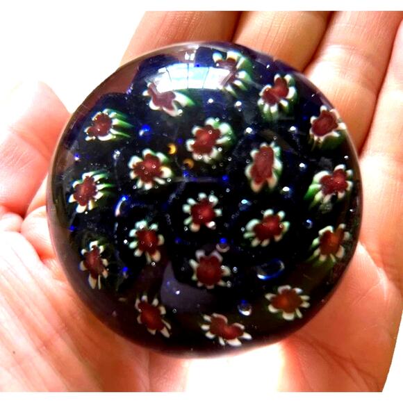 2 Murano Millefiori Paperweights Red/ Blue & Red/Green Floral Glass Vintage - Picture 2 of 8
